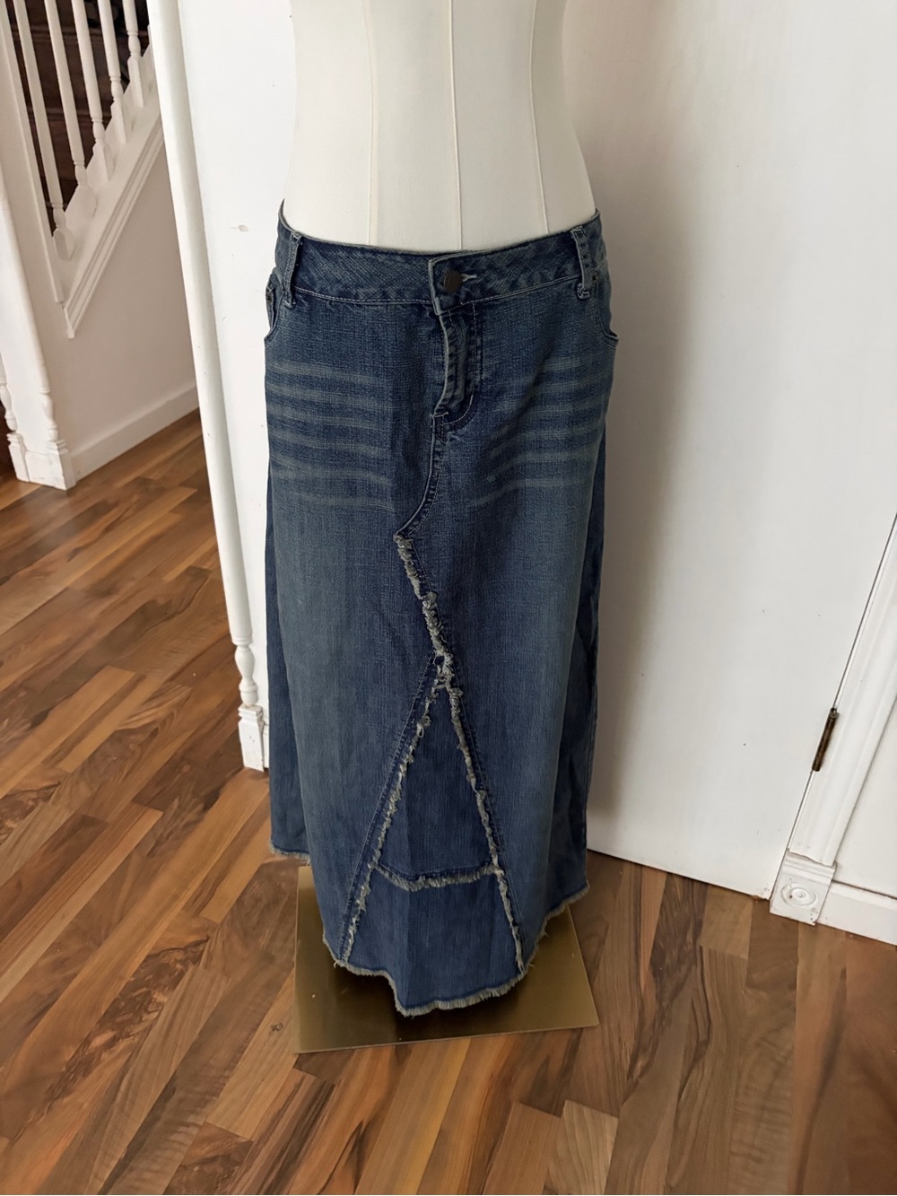 Vintage Y2K Low Rise Patchwork Aline Denim Maxi Skirt, Dark Wash, 16
